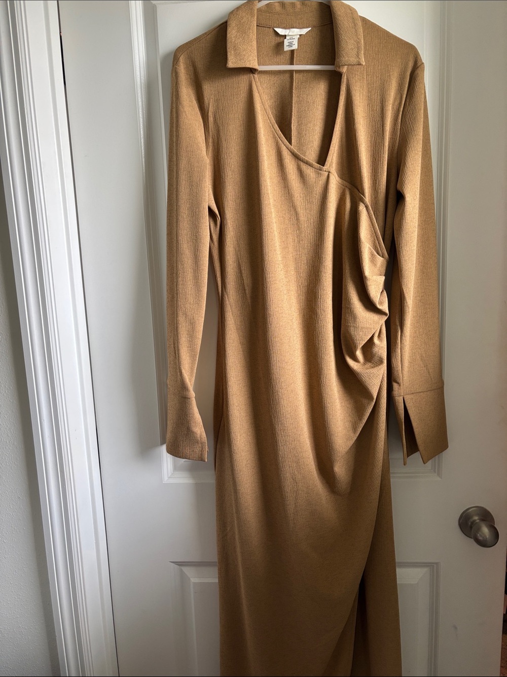 H&M Camel Draped Long-Sleeve Knit Dress